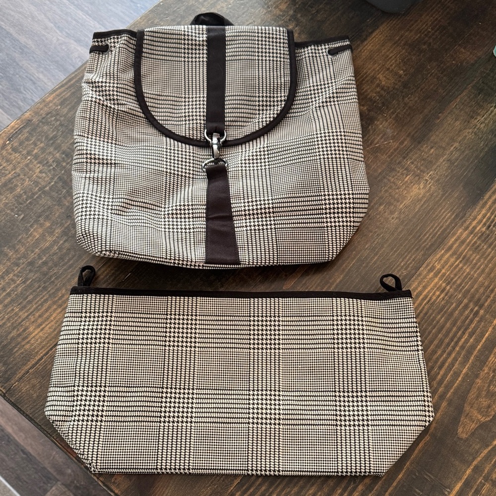 Classic Black & Cream Plaid Backpack with Matching Pouch